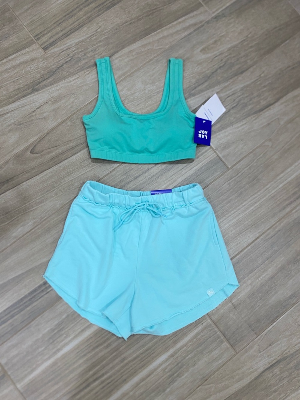 JoyLab Teal Sports Bra with Light Aqua Drawstring Shorts